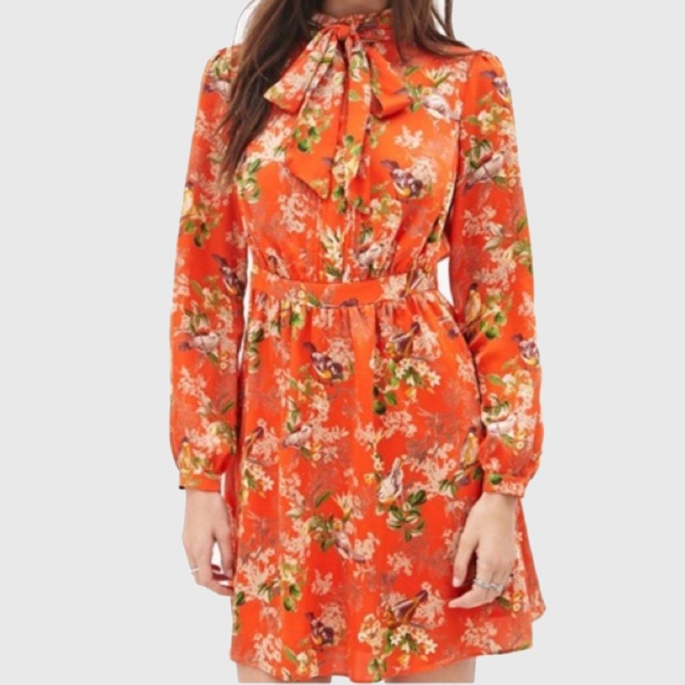 Forever 21 High Neck Floral Bird Print Dress